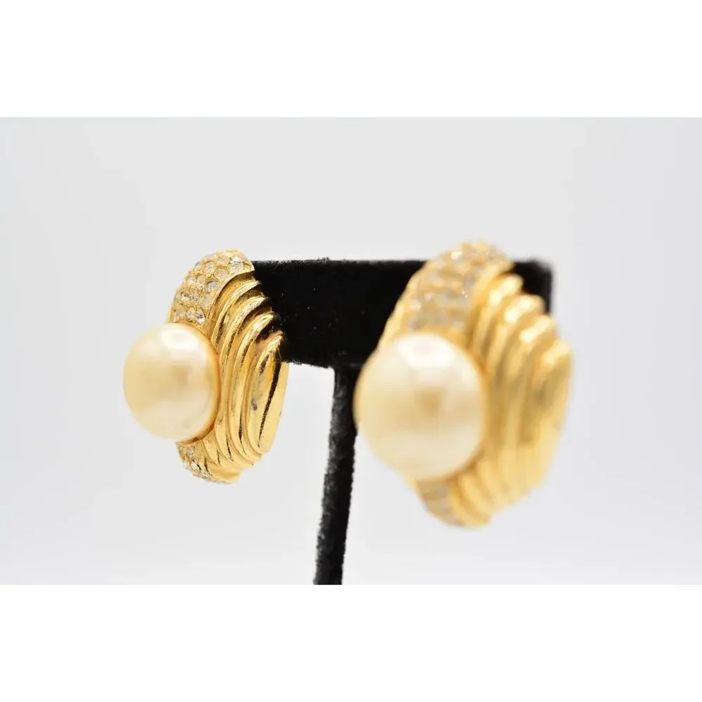 Ciner Vintage Crystal Clip On Earrings Pearl Gold Bold Chunky Heavy Signed BinAG